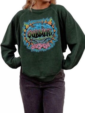 NWT DAYDREAMER Sublime Graffiti Sun Reverse Raglan Crew In Vintage Green